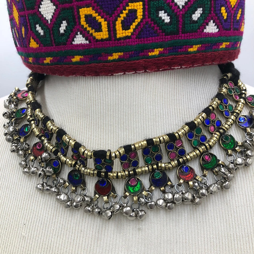 Turkmen Tribal Choker With Multi Color Glass Stones And Beads