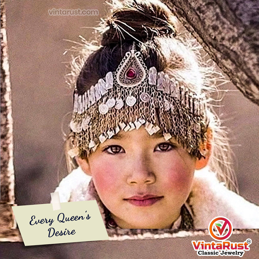 Turkmen Tribal Ethnic Headpiece With Pink Glass Teardrop  display picture 3
