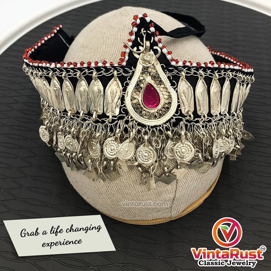 Turkmen Tribal Ethnic Headpiece With Pink Glass Teardrop  display picture 2