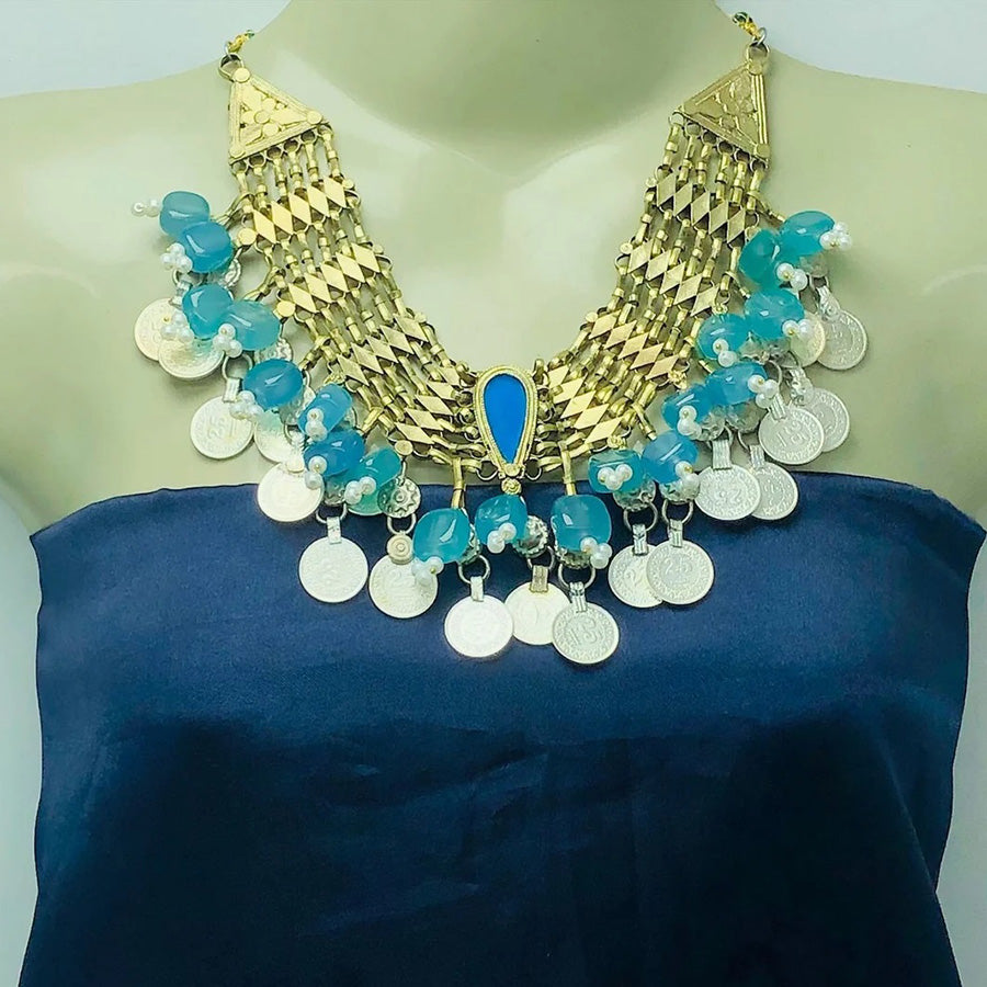 Turquoise Stone With Coins Choker Necklace