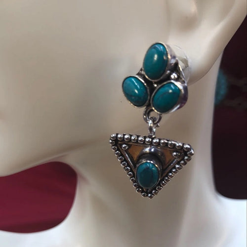 Turquoise Stone Silver Kuchi Drop Earrings