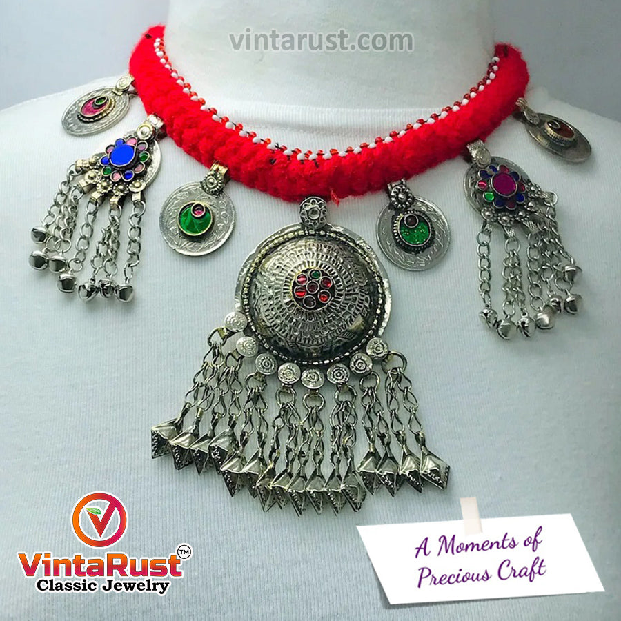 Tribal Handmade Choker Necklace With Dangling Tassels and Bells