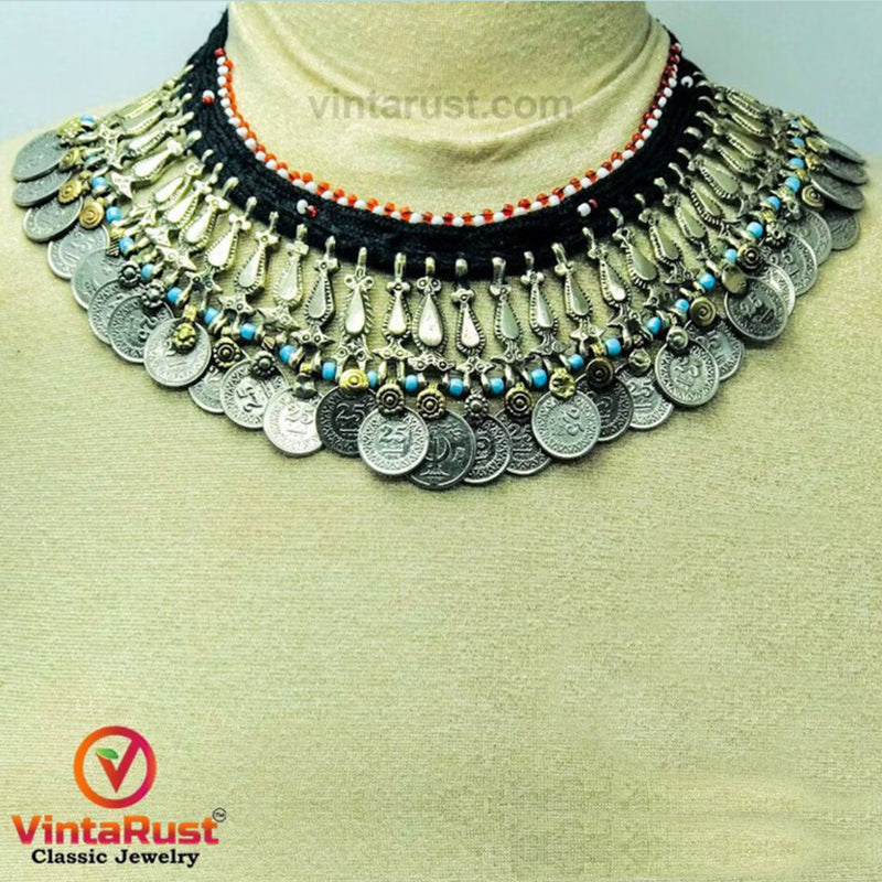 DoubleNine Silver Sequins Coin Bohemian Necklace - Layered Disc Choker Collar For Women, Multi-Strand Delicate Jewelry