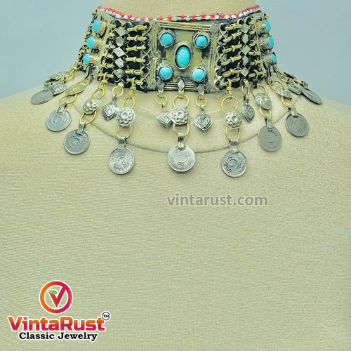  Vintage Dangling Coins Choker Necklace Inlaid With Turquoise Stones