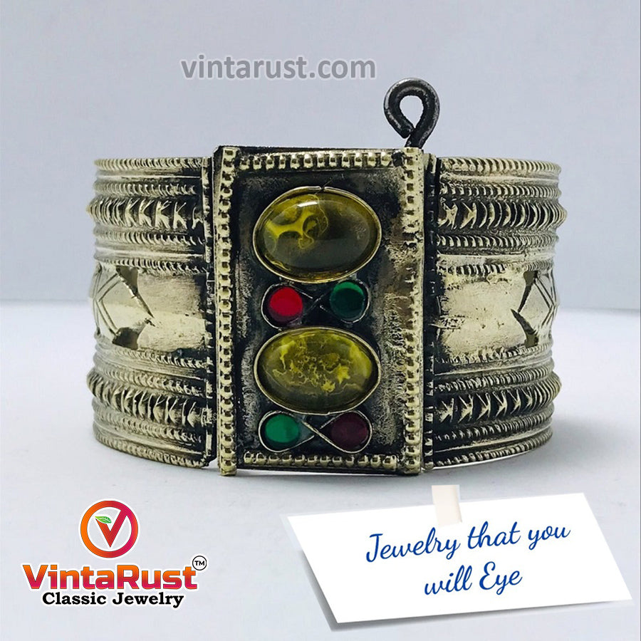 Vintage Gypsy Cuff Bracelet With Yellow Glass Stones
