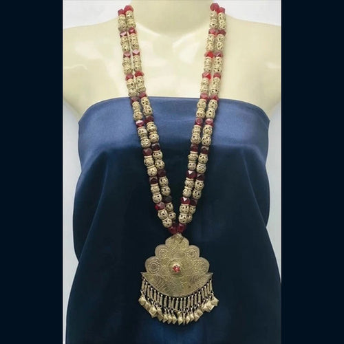 Vintage Metal and Glass Stones Beaded Long Chain Pendant Necklace