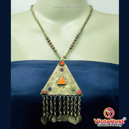 Vintage Metal And Wooden Beaded Chain Pendant Necklace