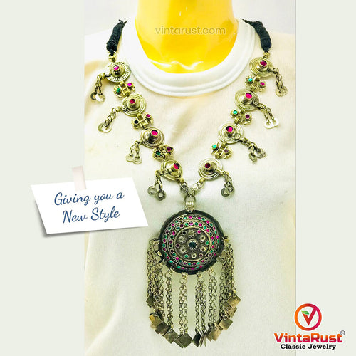 Vintage Pendant Necklace With Glass Stones and Tassels