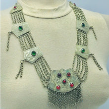 Load image into Gallery viewer, Vintage Silver Kuchi Necklace with Multicolor Glass Stones
