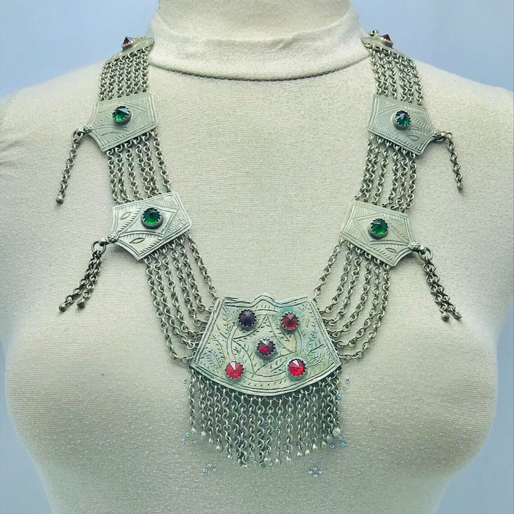 Vintage Silver Kuchi Necklace with Multicolor Glass Stones