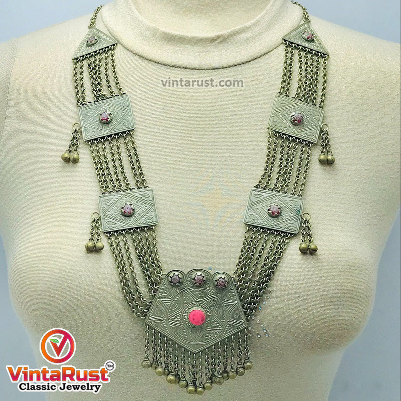 Vintage Silver Kuchi Pendant Necklace With Glass Stone