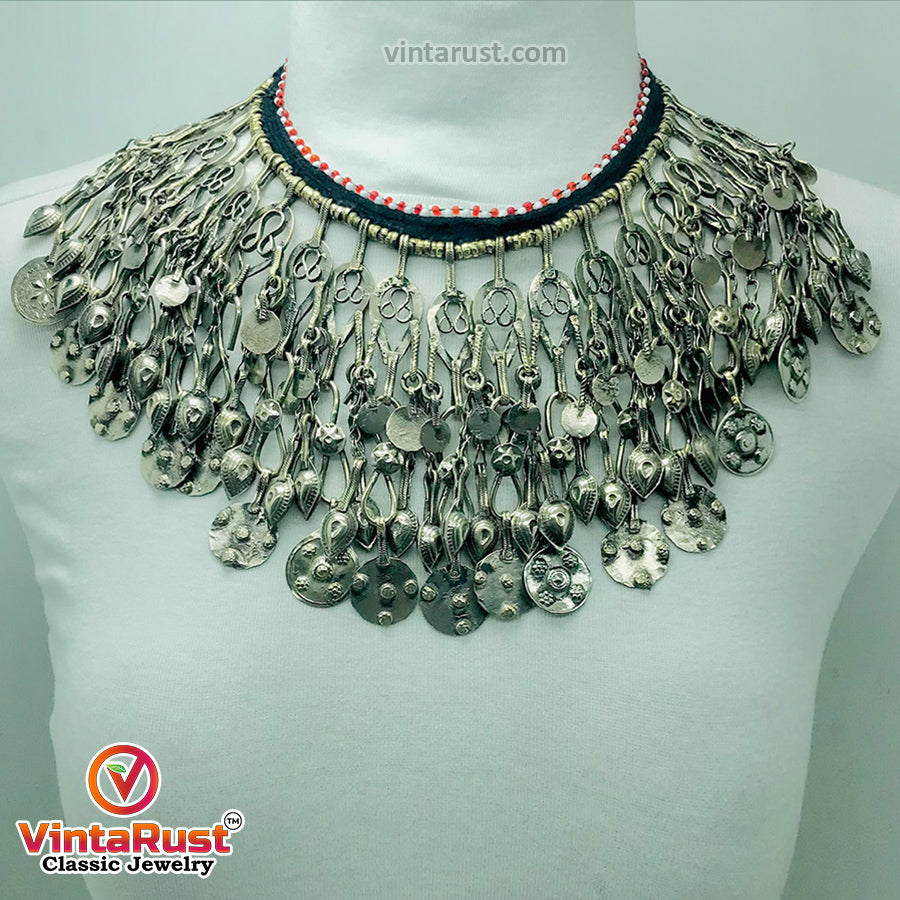 Vintage Silver Long Charm Dangling Tassels Necklace