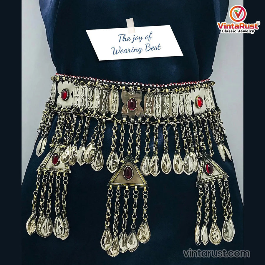 Vintage Turkman Belt With Dangling Pendants and Glass Stones