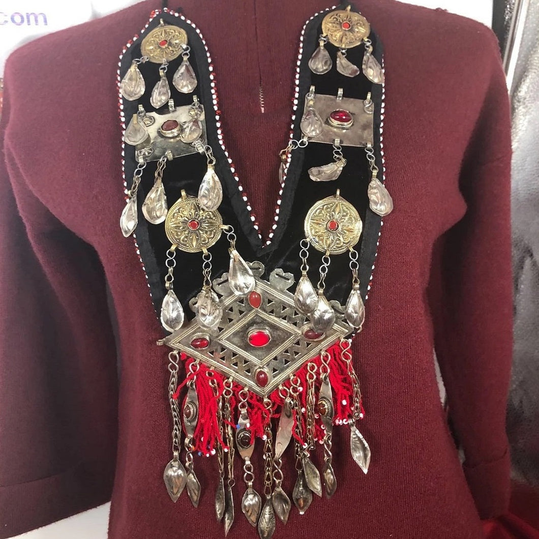 Vintage Turkmen Necklace With Tassels and Glass Stones