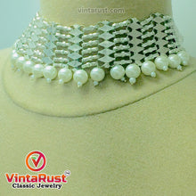 Load image into Gallery viewer, Woven Metallic Tribal Choker Necklace With White Pearls
