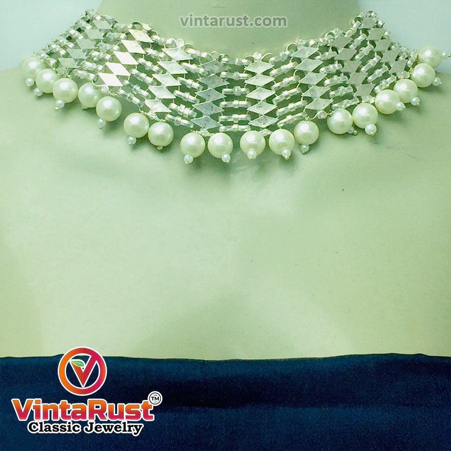 Woven Metallic Tribal Choker Necklace With White Pearls