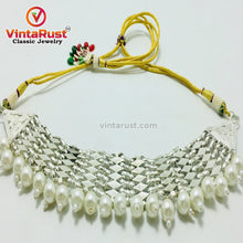 Load image into Gallery viewer, Woven Metallic Tribal Choker Necklace With White Pearls
