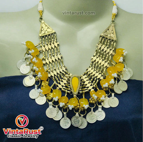 Yellow Choker Necklace With Beads and Glass Stones