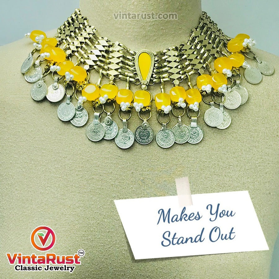 Yellow Choker Necklace With Beads and Glass Stones